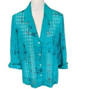 French Laundry 3/4 Sleeve Turquoise w/Black Floral & Animal Print Blouse Size L